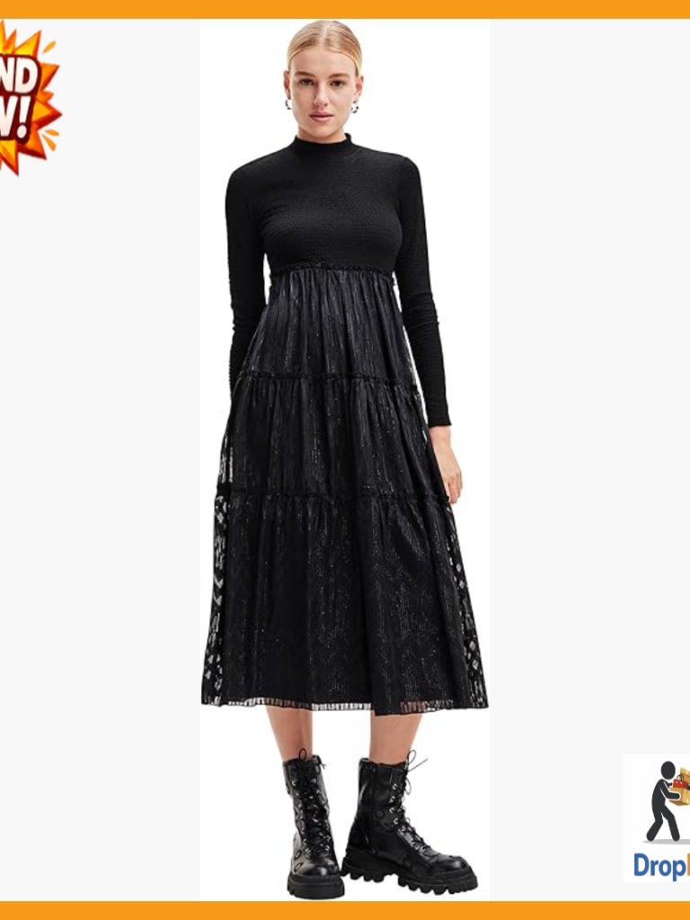 Midi Dress With Lurex Trim And Flared Skirt Elegant Casual Chic Long Sleeve